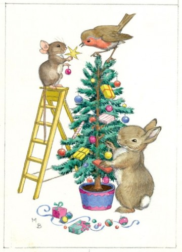 Mouse and rabbit decorating christmas tree
