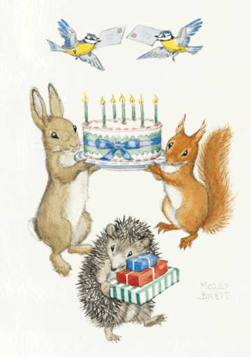 Rabbit and squirrel holding birthday cake